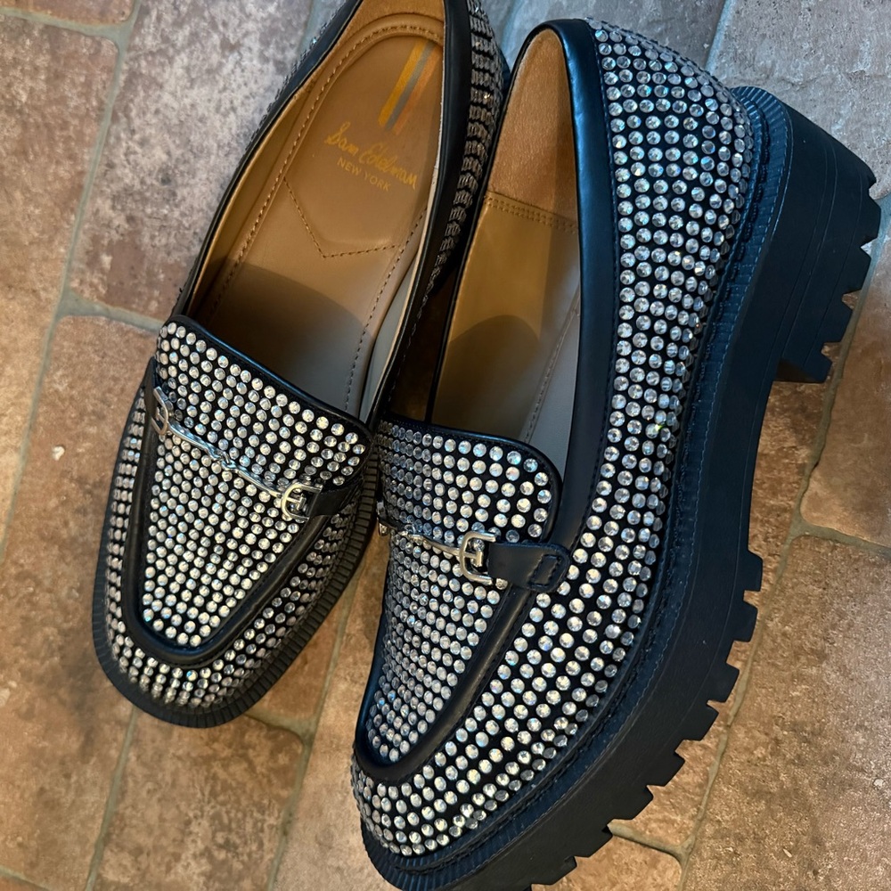 Sam Edelman Lars Glitz Black and Silver Rhinestone Embellished Loafers - Picture 6 of 9